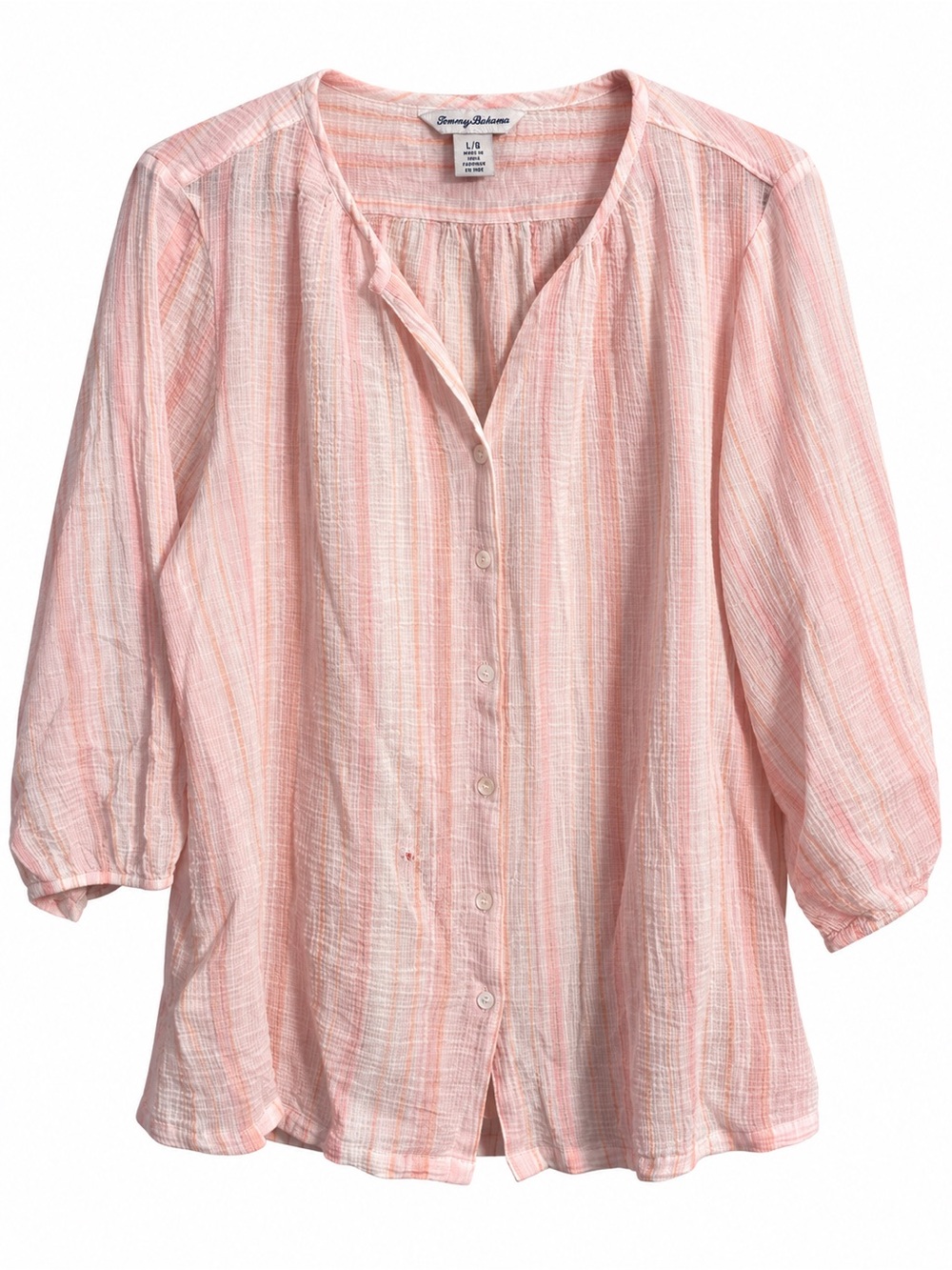 Tommy Bahama Pink Striped Crinkle Gauze Blouse — Large